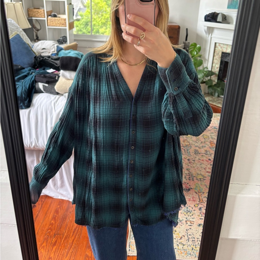 Free People Plaid Green, Black & Blue Women's Flannel Long Sleeve Button Down
